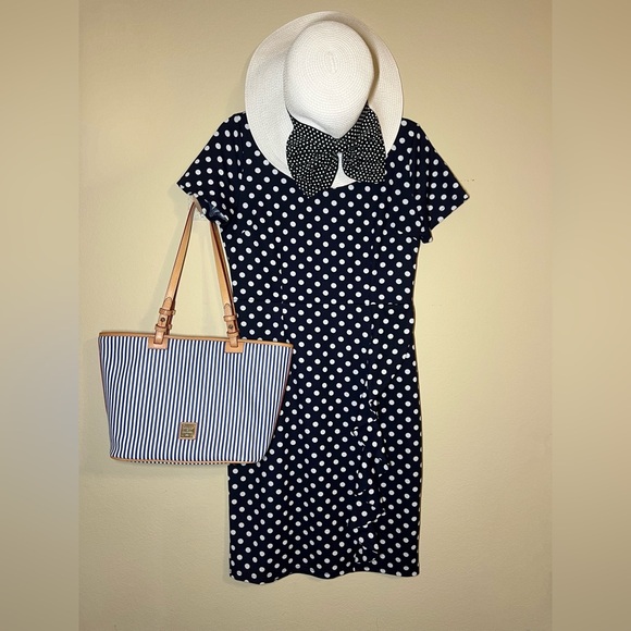 Classic Short Sleeve Navy Blue Polka Dot Falbala Fold Slim Fit Pencil Dress Lg - Picture 3 of 7